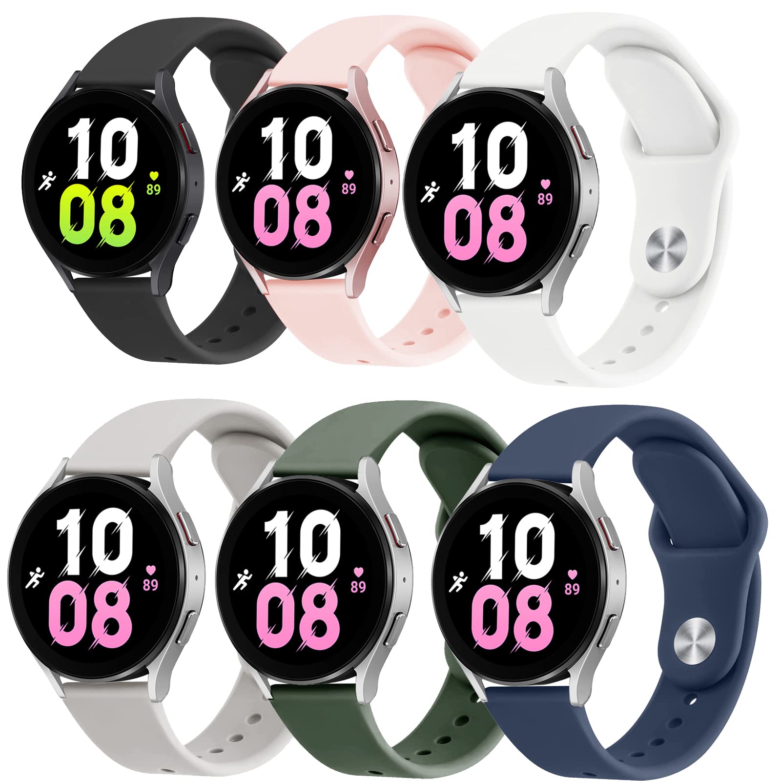 6 Pack Silicone Bands for Samsung Galaxy Watch 7 6 5 4 Band 40mm 44mm/Watch FE 40mm Women Men,20mm Watch Band for Samsung Watch 6 Classic 43mm 47mm/Watch 5 Pro 45mm/4 Classic 42mm 46mm Sport Straps