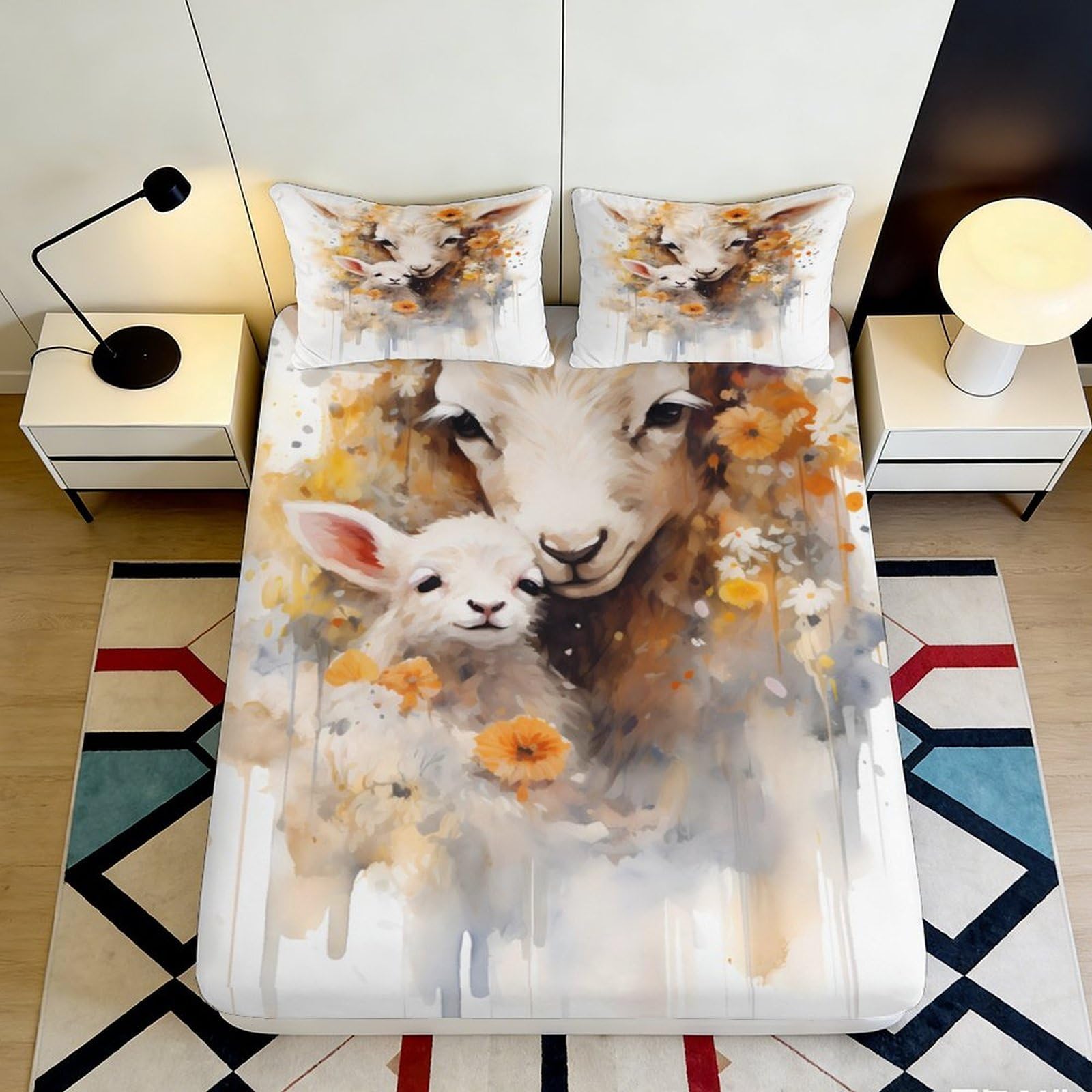 3D Printed Sheep and Lamb Fitted Sheet Microfiber Soft Floral Animal Mattress Cover for Bedroom Decor Dorm Use 120x200x25cm