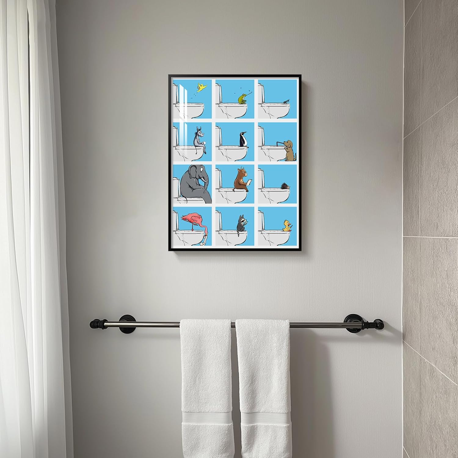 Condition photo showing New/Like New for Framed Animal Bathroom Wall Art, Blue Funny Bathroom Artwork Print Painting, Modern Fun Cute Highland Cow Dog Elephant Bird on the Toilet Picture for Toilet Restroom Washroom Kids Room, 12x16 Inch 16"L x 12"W Animals - Toilet Fun