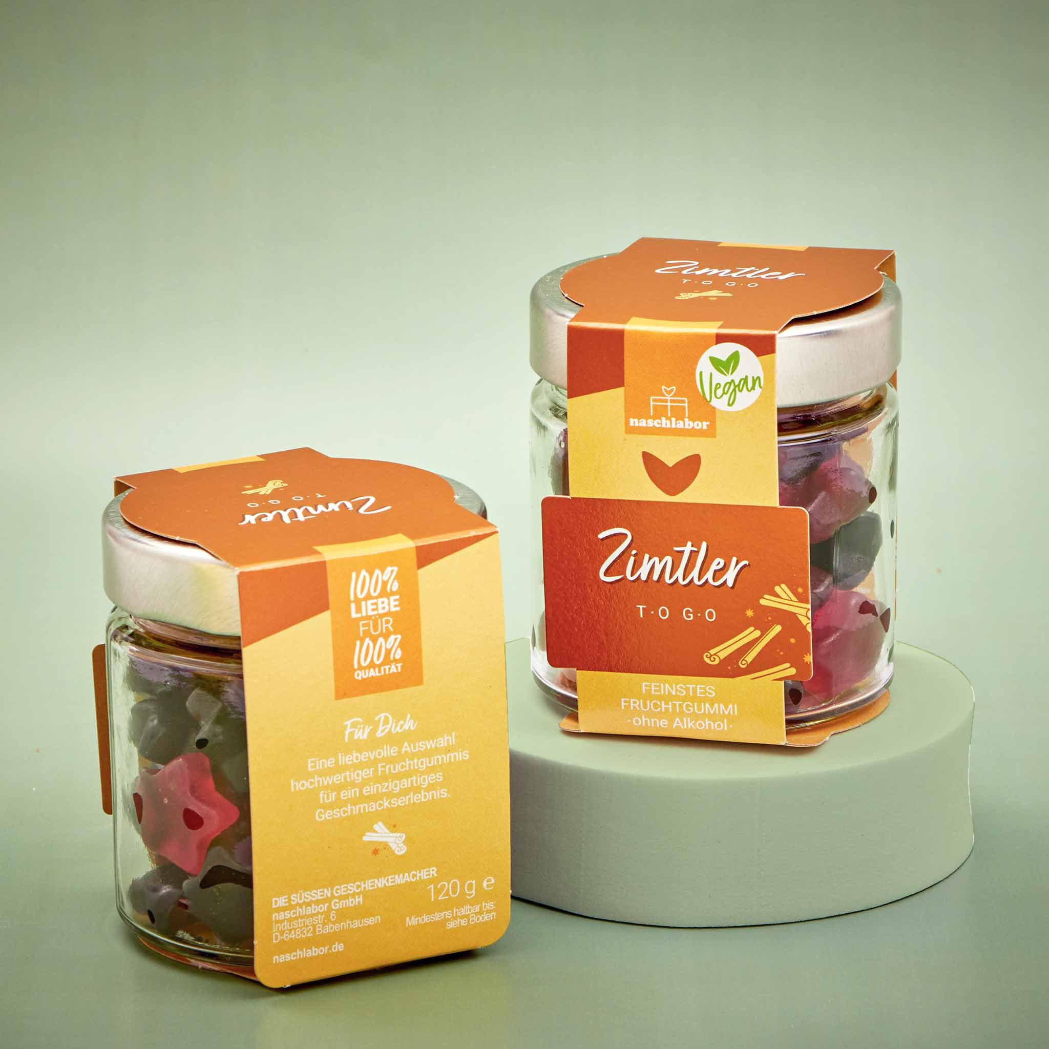 Vegane Zimt Gummibärchen 120g | Alkoholfreie u. hochwertige Weihnachts-Fruchtgummi | Zimtler To Go vegan | süßes, veganes Feinkost-Geschenk zu Weihnachten | Vegane Fruchtgummis in Geschenkglas
