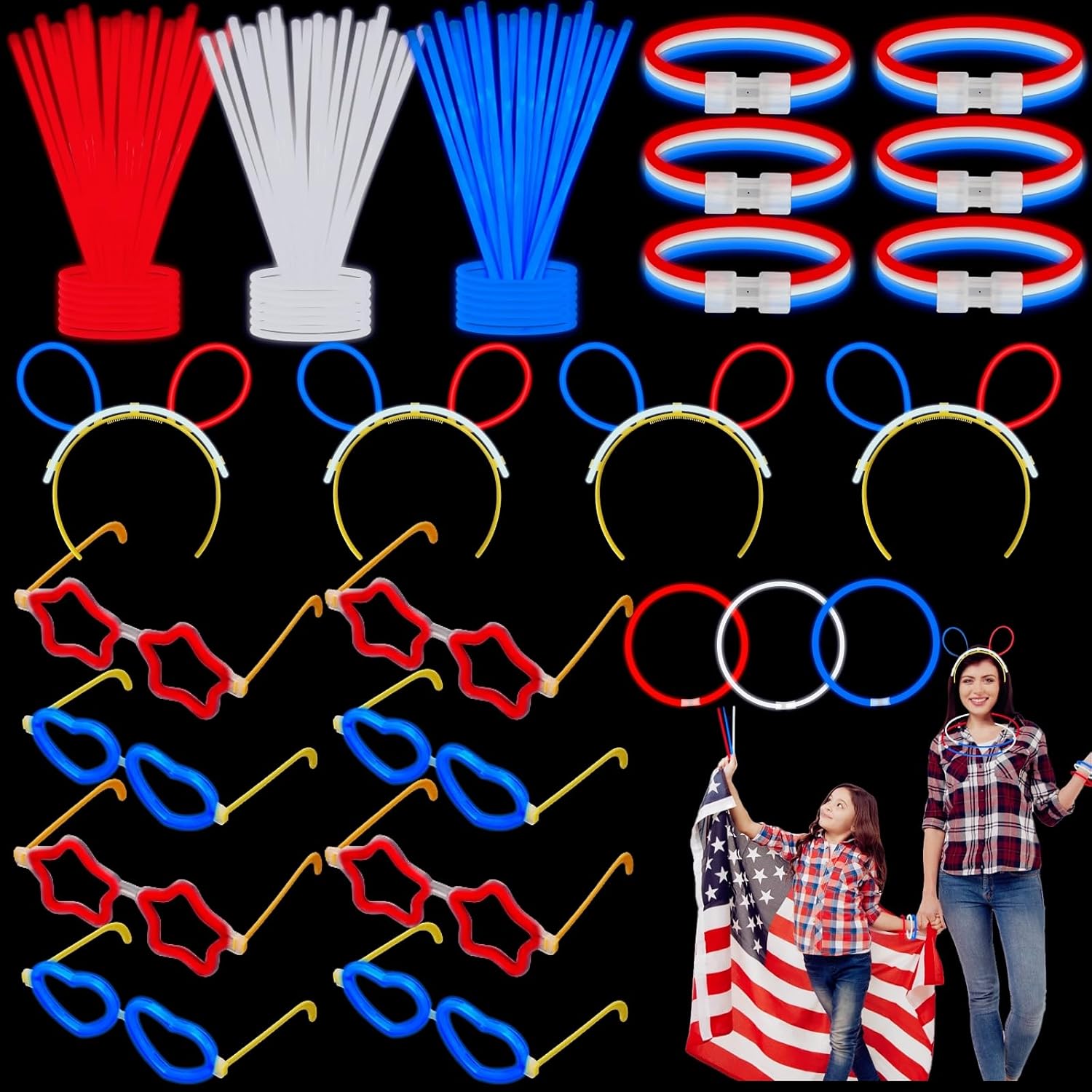 142 Pcs Glow Sticks Red White Blue with Accessories for Election Party, Patriotic Star Heart Glasses Glow Bracelets Glow Necklaces, Glow in The Dark Party Supplies 142 Pcs Glow Sticks Red White Blue with Accessories for Election Party, Patriotic Star Heart Glasses Glow Bracelets Glow Necklaces, Glow in The Dark Party Supplies