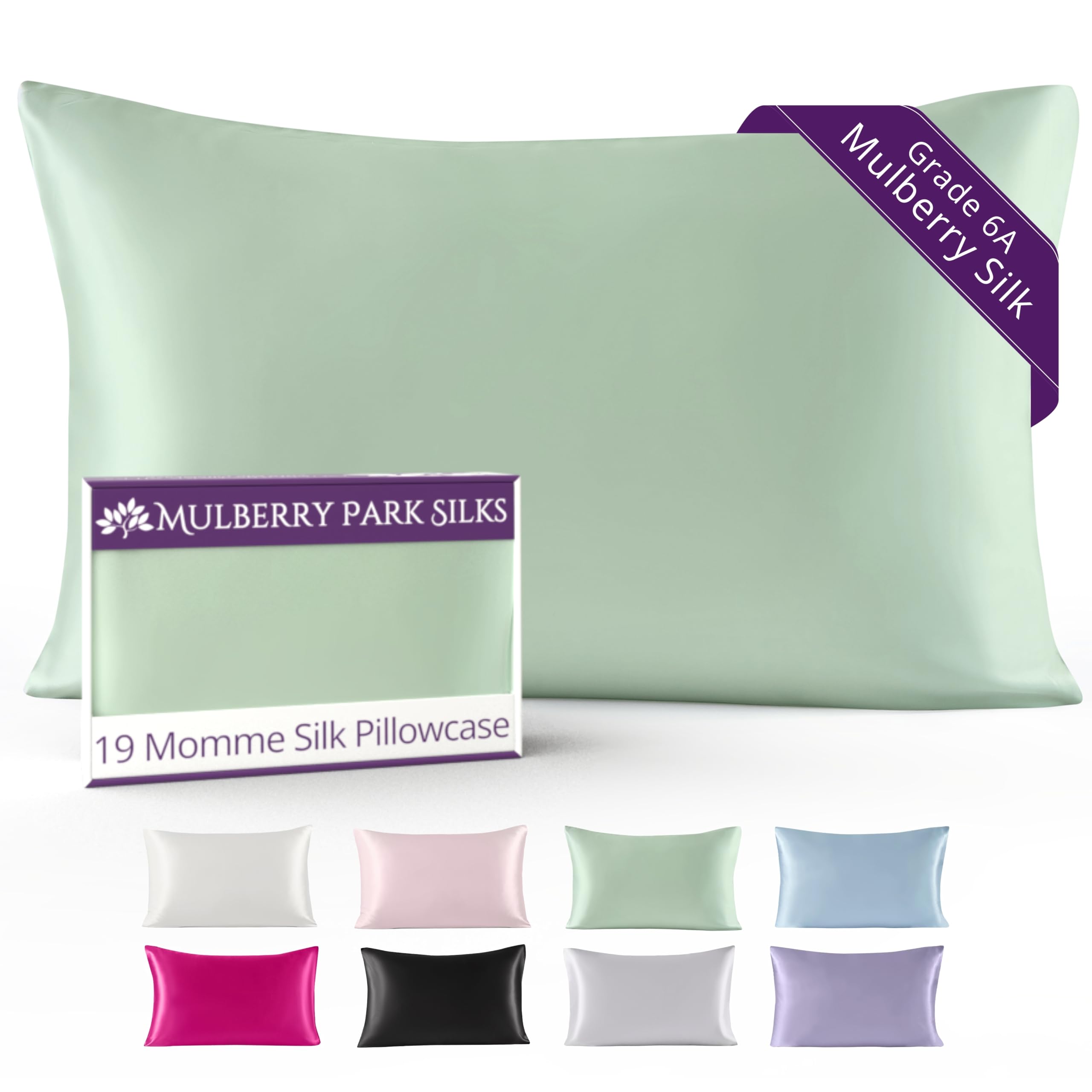 Mulberry Park 100% Silk Pillowcase - 19 Momme, Grade 6A Mulberry Silk - Deep Envelope Closure - Green/Queen (20'' x 30'')