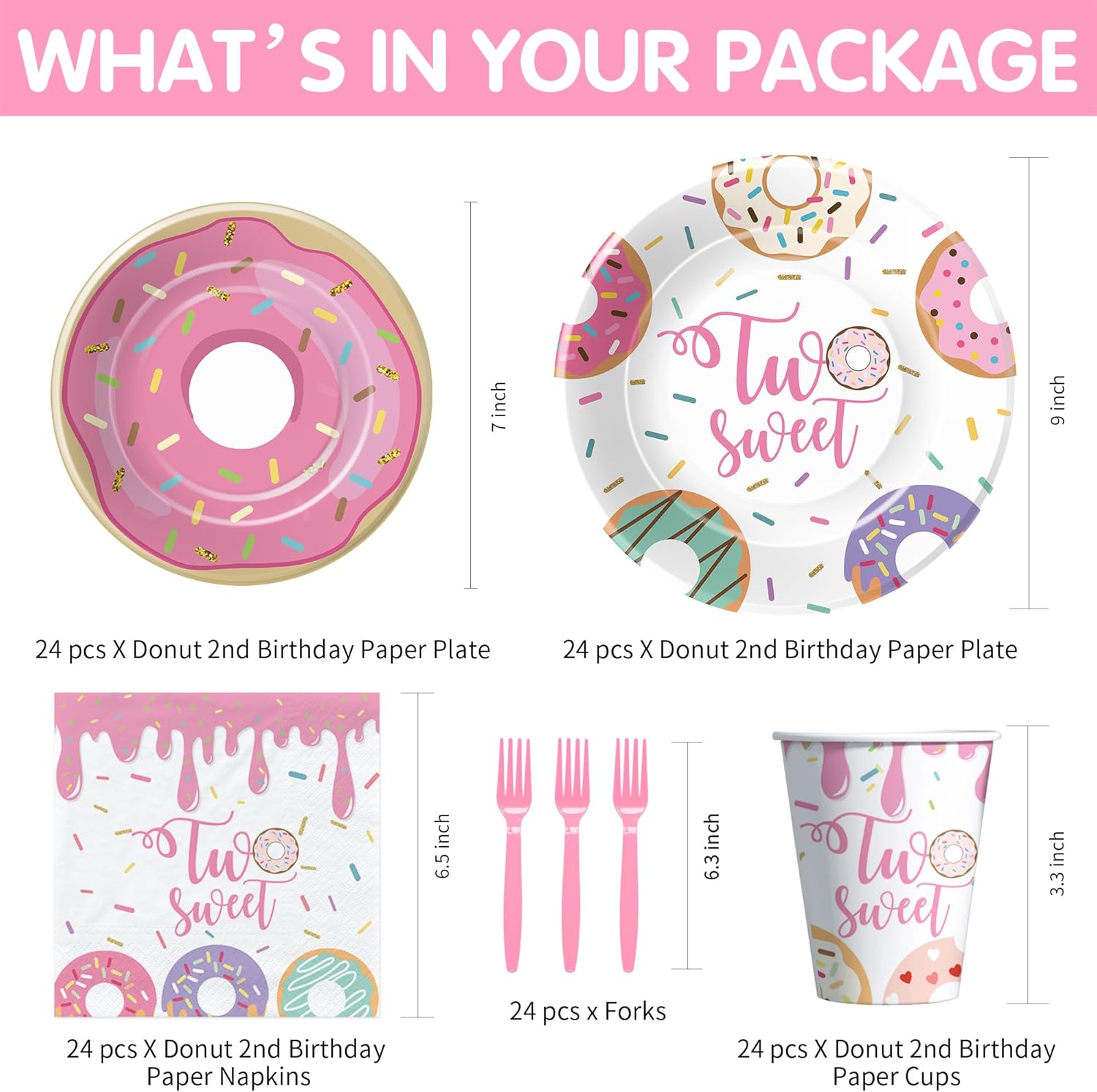 APOWBLS Donut Two Sweet Birthday Plates And Napkins Party Supplies Girls - Pink Donut 2nd Birthday Decorations Tableware, Paper Plate, Cup, Napkin, Fork | Serves 24 (Pack of 2)