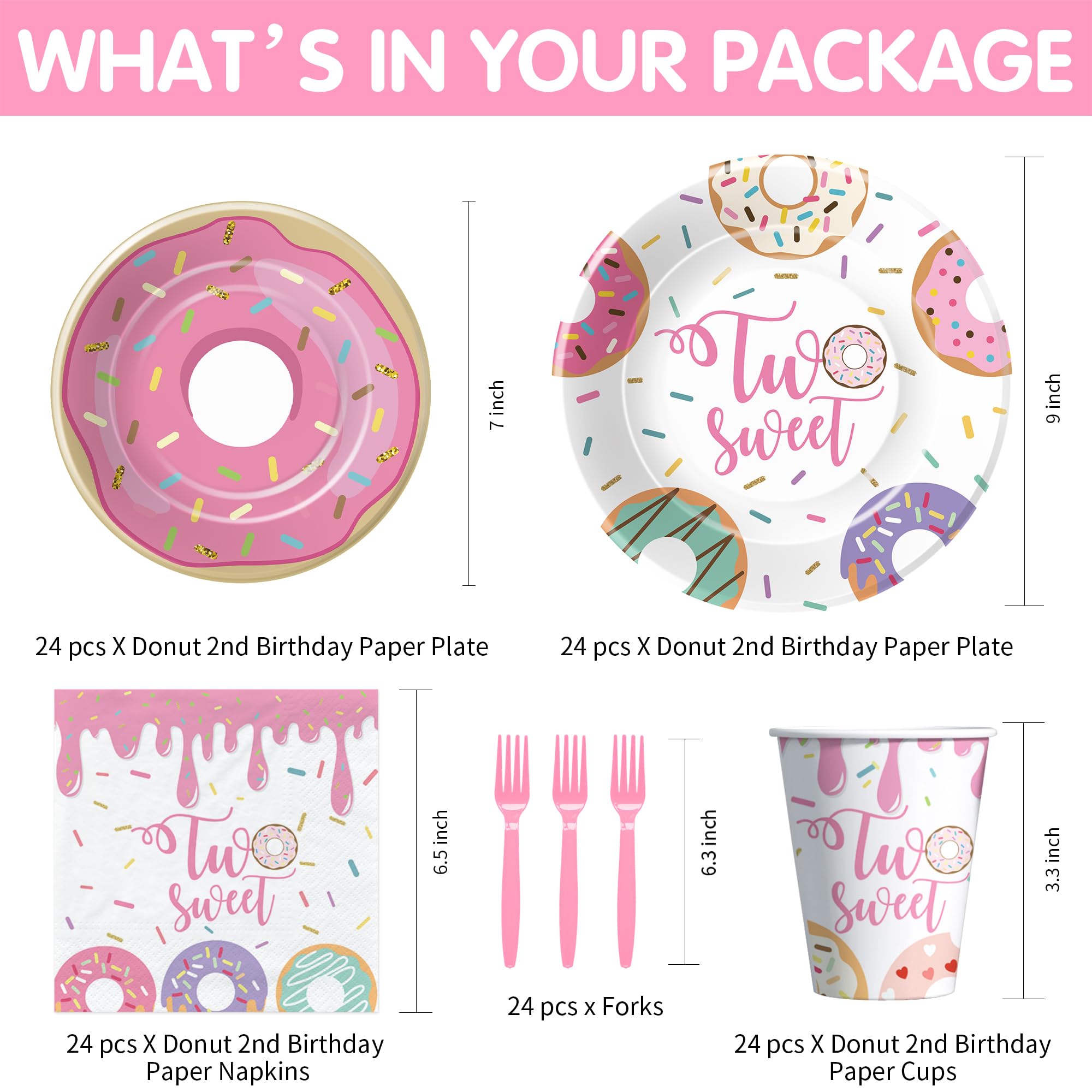 APOWBLS Donut Two Sweet Birthday Plates And Napkins Party Supplies Girls - Pink Donut 2nd Birthday Decorations Tableware, Paper Plate, Cup, Napkin, Fork | Serves 24