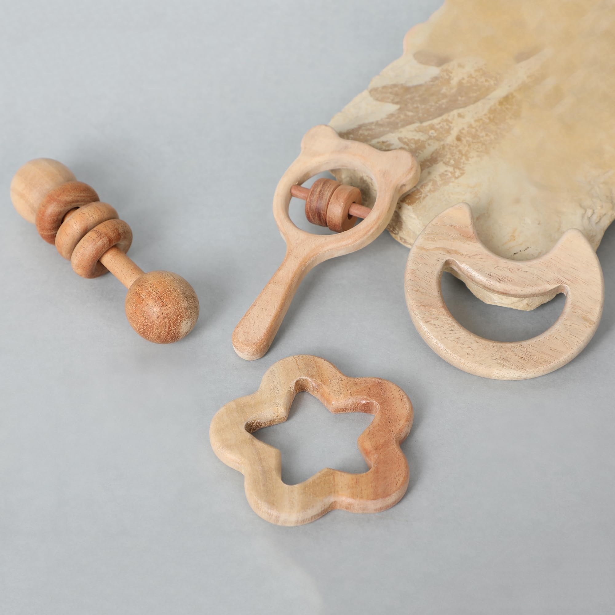 Babbles Neem Wood Teethers for Babies | Wooden Teethers for 6 to 12 Months Baby | Natural and Antibacteria (Star + Moon + Dumbbell + Micky)-picture-29