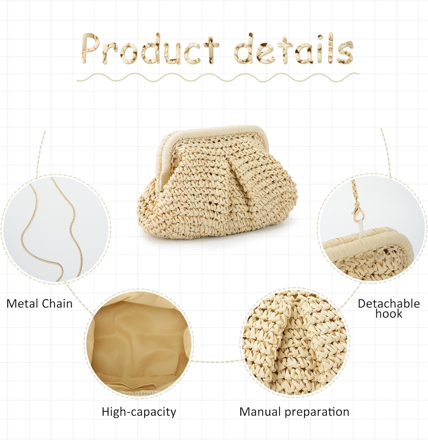 Emprier Straw Clutch Purses for Women Cloud Dumpling Pouch Straw Crossbody Shoulder Handbag Summer Beach Woven Bag - Image 3