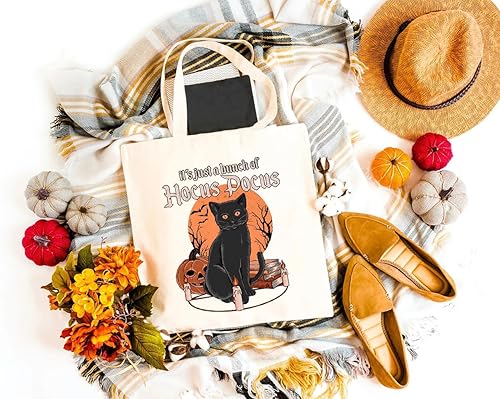 Miniatura 7 de Bolsa de lona con texto en inglés "It's Just A Bunch Of Hocus Pocus para mujeres" de Halloween, diseño de gato negro, reutilizable, bolsas de compras