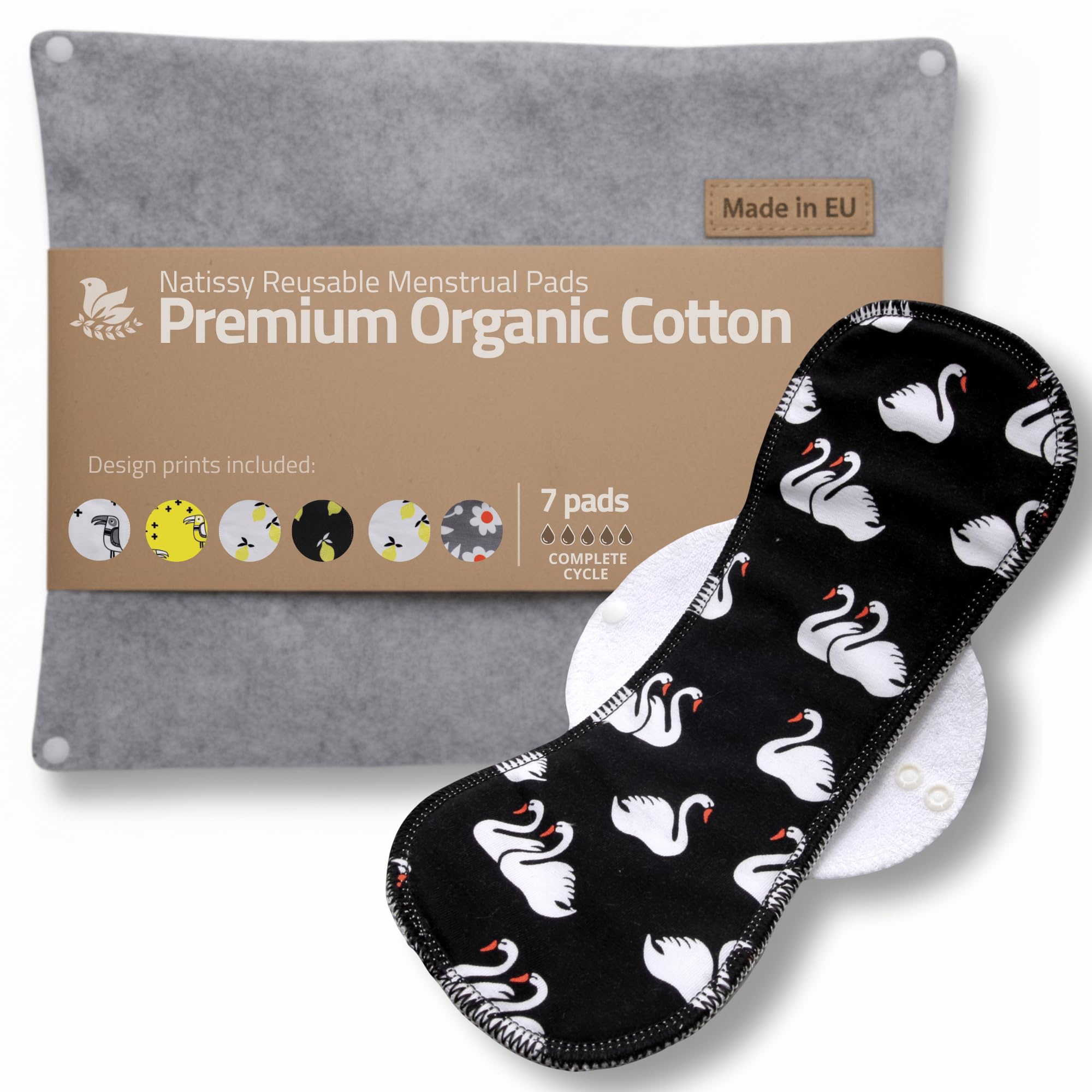 Compresas reutilizables en algodón orgánico para flujo menstrual ligero y abundante (S+M+L+XL, 7 uds); lavables a alta T°, HECHAS EN LA UE; suaves, no irritantes y cómodas, compresas tela para mujeres