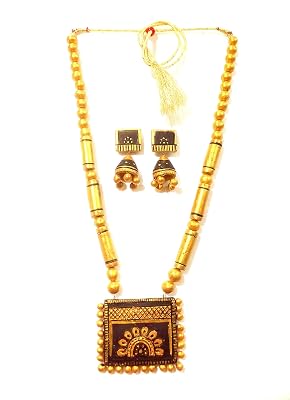 Karru Krafft Women’s Handcrafted Terracotta Necklace Set Traditional Black & Golden Hand Painted Jewellery Set, (HFNKTC_