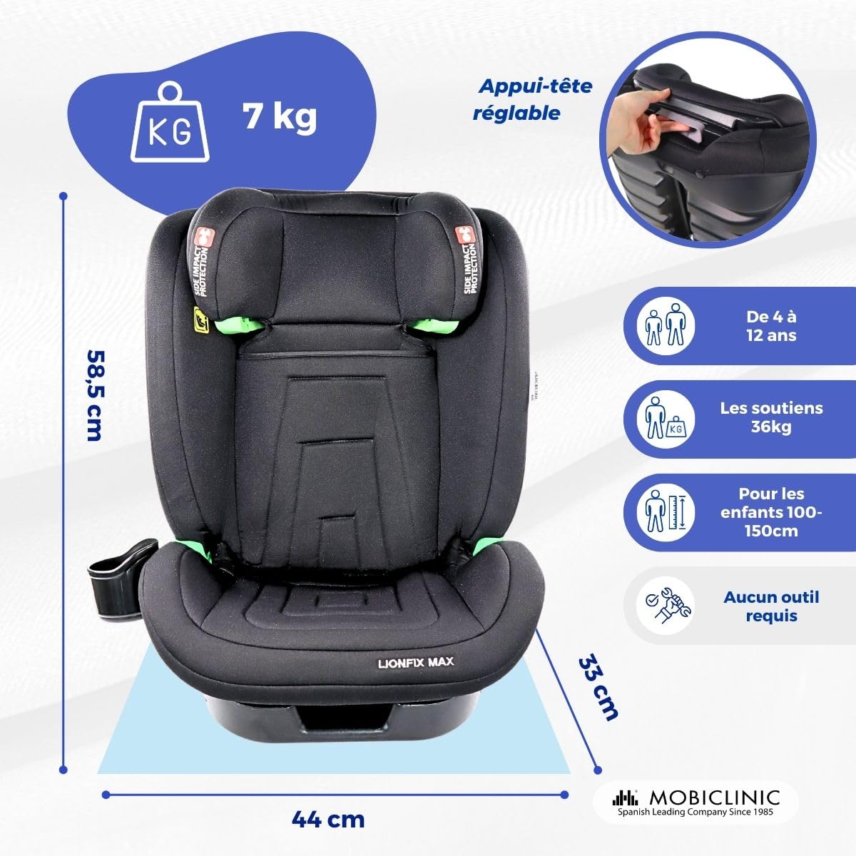 Mobiclinic® kids, Siège auto, I-size, Isofix, Groupe 2/3, 36kg, 4-12 ans, Lionfix max, Évolutif, 100-150cm, Protection latérale, Appui-tête réglable, 3 positions d'inclinaison, Porte-gobelet