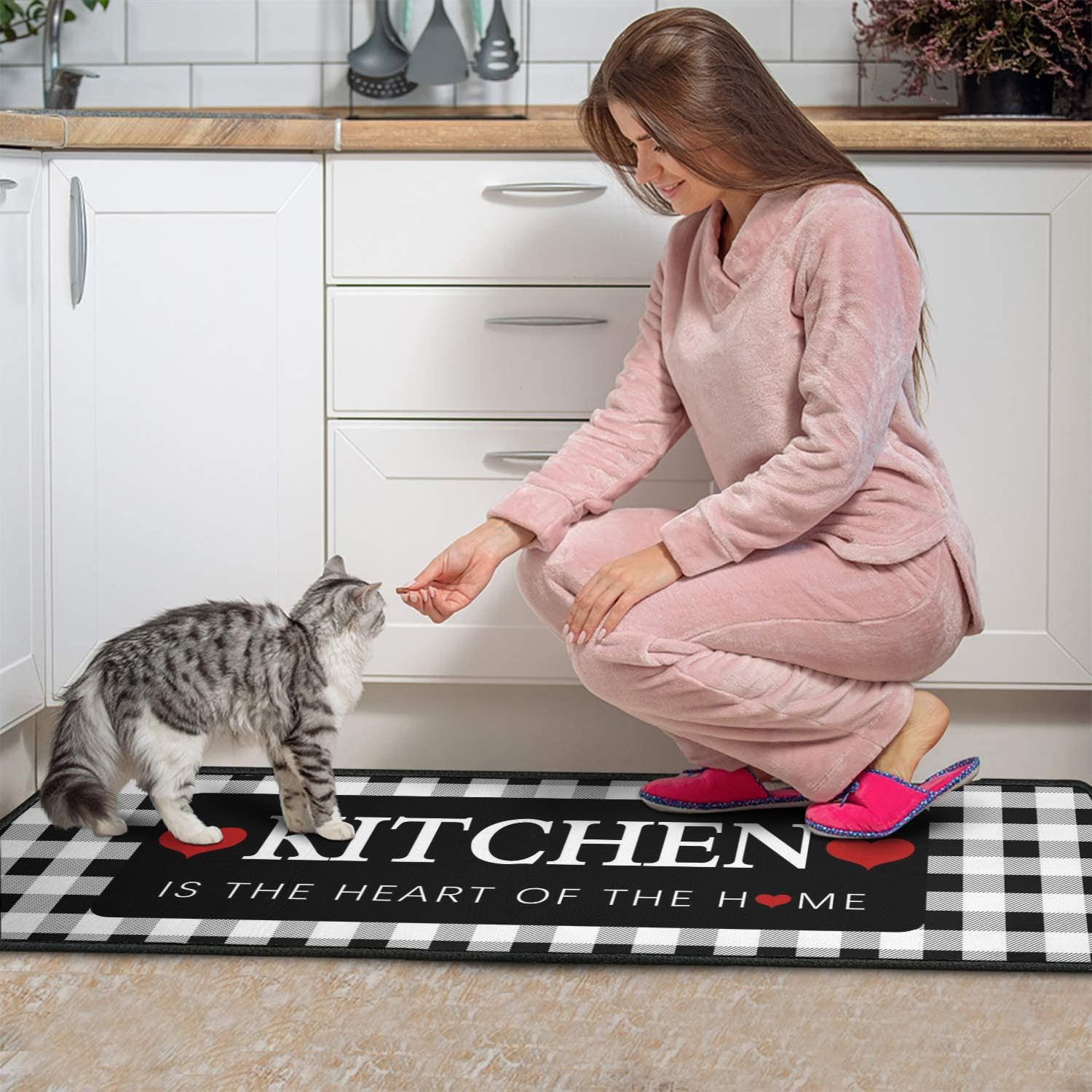 Sunopas Lot De 2 Tapis De Cuisine à Carreaux Buffalo - Lavables Et Antidérapants - Tapis De Sol De Cuisine Rembourré Noir Et Blanc - 43,2 X 119 ,4 Cm + 43,2 X 76,2 Cm