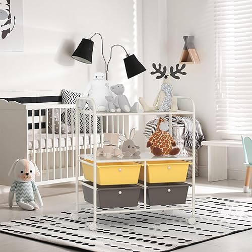 Miniatura 4 de RELAX4LIFE Carrito de almacenamiento rodante con 4 cajones, carrito utilitario con ruedas con 2 estantes y marco de metal, organizador de archivos