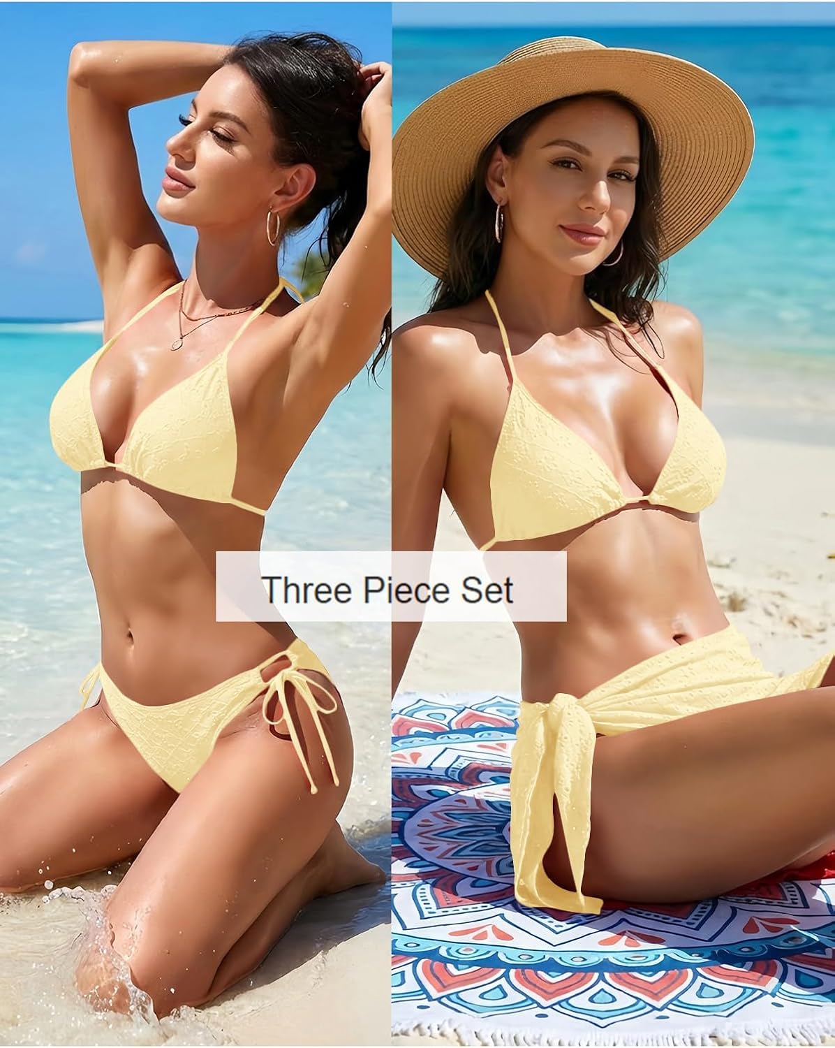 Women 3 Piece Swimsuits - Sexy Triangle Bikini Sets with Cover Up Halter String Tie Side Bathing Suits