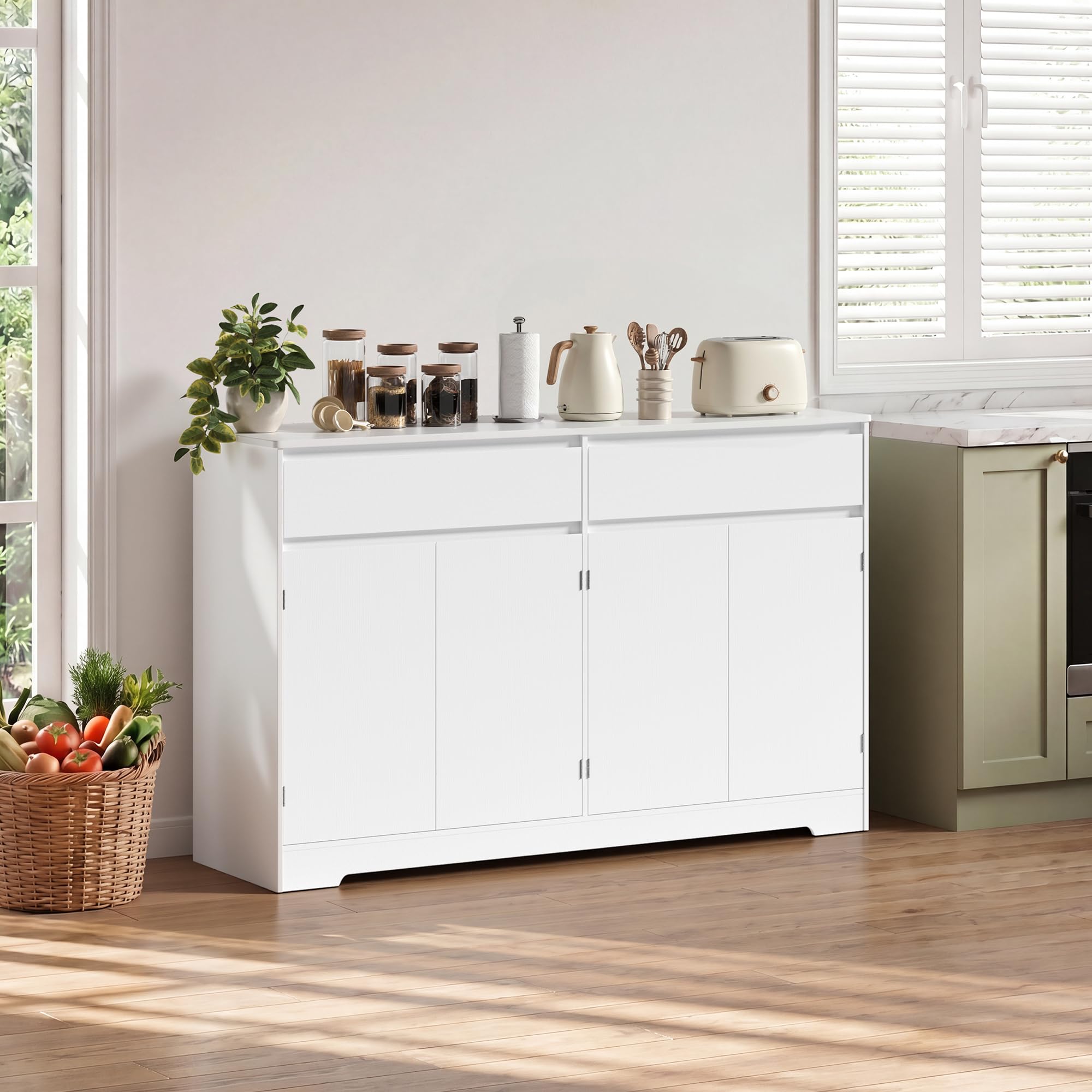 Xbro Buffet Cuisine avec 2 Tiroirs, Buffet à 4 Portes avec Étagère Réglable, Meuble de Rangement Multifonctionnel avec Coins Arrondis et Dispositif Anti-Basculement, pour Cuisine, Salon, Blanc