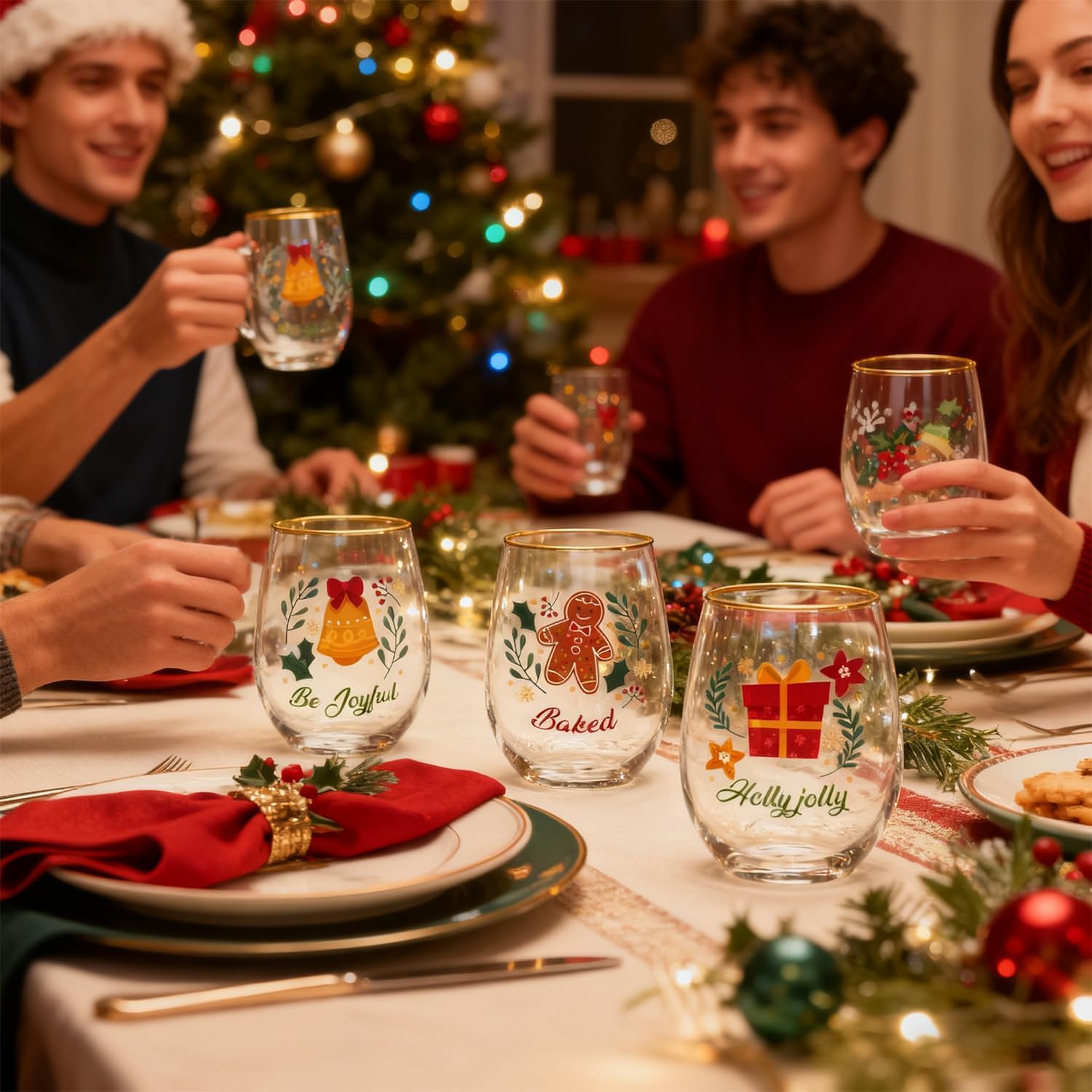 Christmas Wine Glasses Cups Set of 4, 20oz Vintage Funny christmas Pattern Design for Women Men Family Friends - Clear Wine Milk Drinkware Party Gifts - Image 7