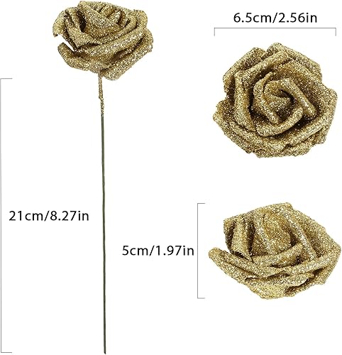 Miniatura 3 de 30 rosas doradas con purpurina, rosas artificiales de espuma dorada de 2.56 pulgadas con tallos para centros de mesa de despedida de soltera, ramo