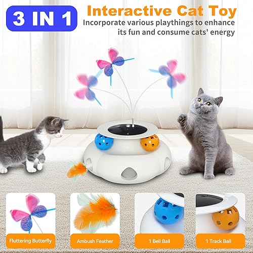 Miniatura 2 de Juguetes interactivos para gatos de interior, juguete recargable 3 en 1 con varita de plumas de emboscada, mariposa aleteante y bolas de pista,