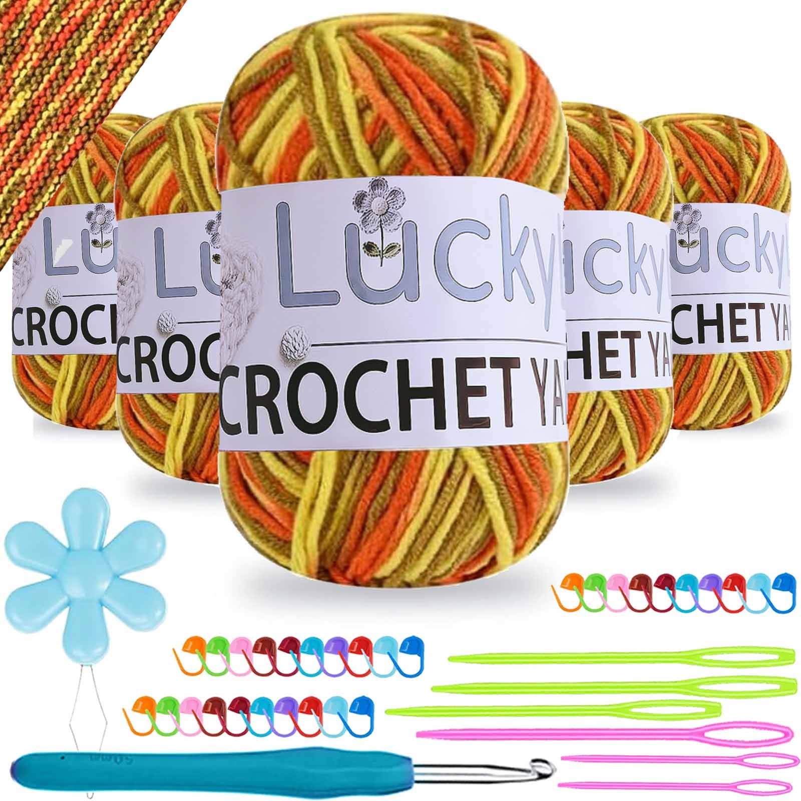 Crochet Yarn Double Knitting Wool (6X50g), Multicoloured Acrylic Yarn Crochet Wool with Aluminum Crochet Hooks Stitch Markers for DIY Craft Blankets Socks Dolls (Pink Yellow Grey)