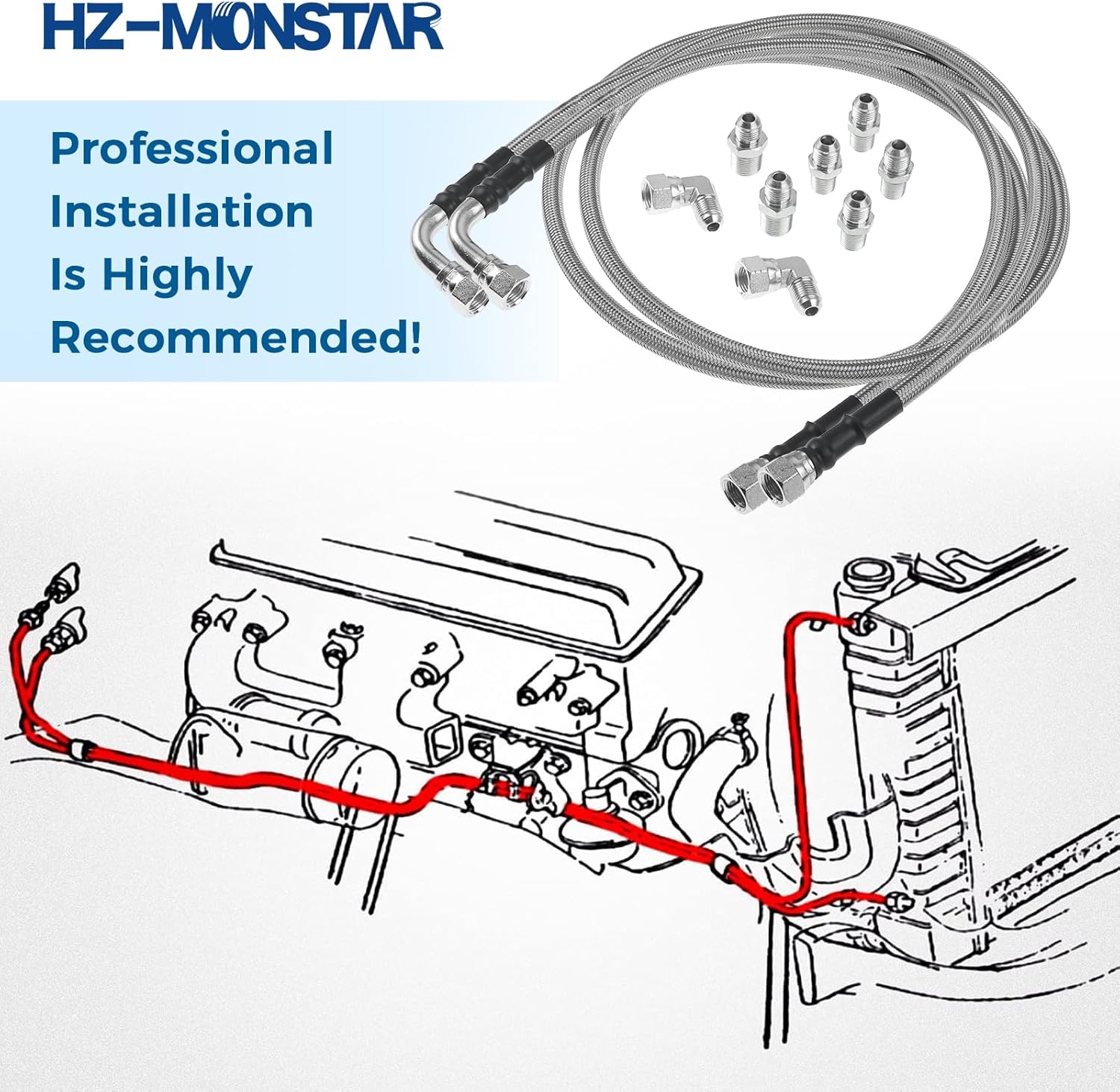 6AN 52" Transmission Fluid Oil Cooler Hose Line Kit, TH350 Transmission Cooler Lines Compatible with GM Chevy Ford GMC Buick Cadillac Cars and Trucks for 700R4 TH400