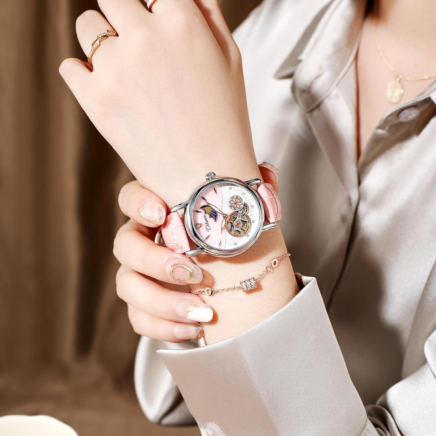 Orologio meccanico automatico da donna, in acciaio inox, quadrante con fasi lunari, cinturino in pelle, impermeabile, orologio da polso