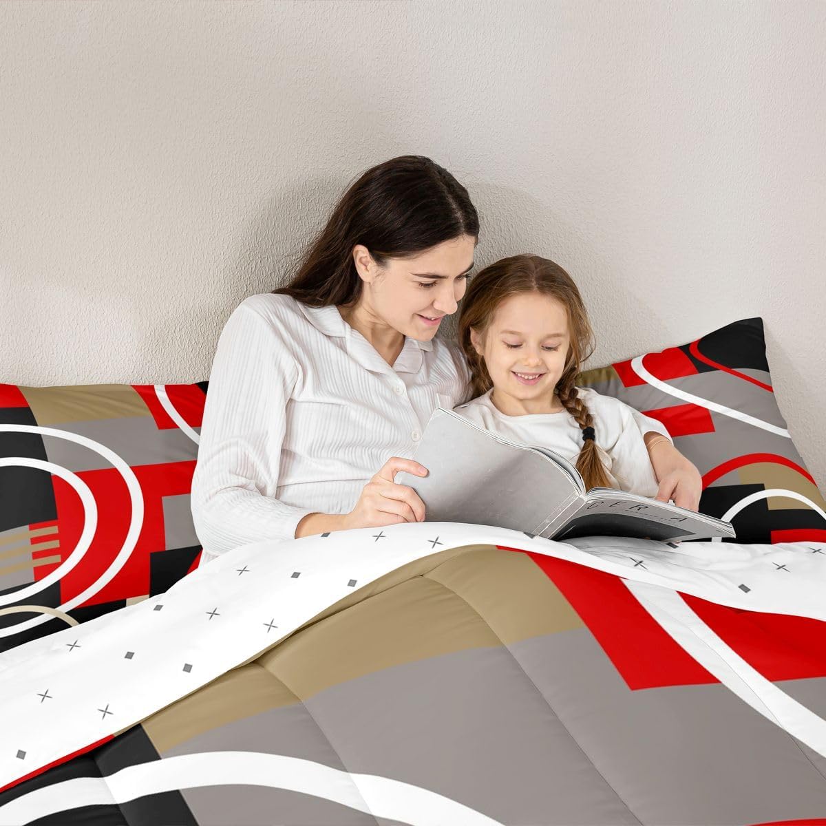 Feelyou Geometric Bedding Set Barclay Arcs Shapes Comforter Set for Kids Boys Girls Modern Decor Comforter Red Black Grey Quilt with 1 Pillowcase 2Pcs Bedding Twin Boys