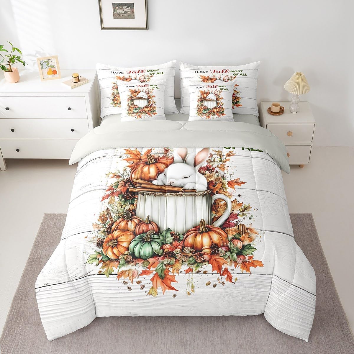 Erosebridal Fall Harvest Theme Queen Comforter Set 7 Piece for Kids Boys Girls Adults Fall Pumpkin Bed in A Bag with Sheets Maple Leaf Print Bedding Set Retro Rustic Bed Set Room Decor