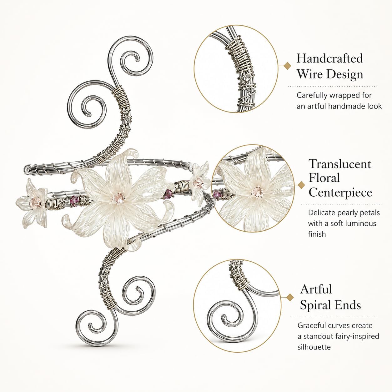 Flower Arm Cuff for Women Gold Silver Fairy Upper Arm Jewelry Floral Boho Band Fantasy Accessories for Festival Cosplay Wedding Beach Outfit Gift