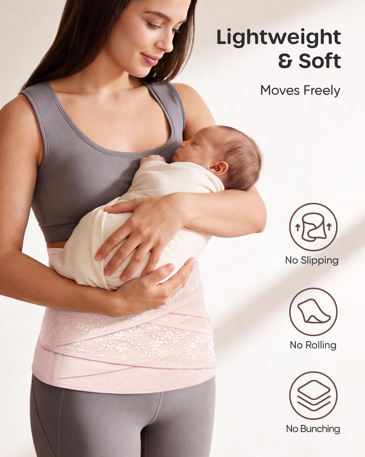 Nuliie Postpartum Bauchwickel mit V-förmiger Kreuzunterstützung, Atmungsaktiver Bauchbinder nach Kaiserschnitt oder vaginaler Geburt, Verstellbarer Bauchbinder, Postpartale Must-Haves Mütter,Pink M