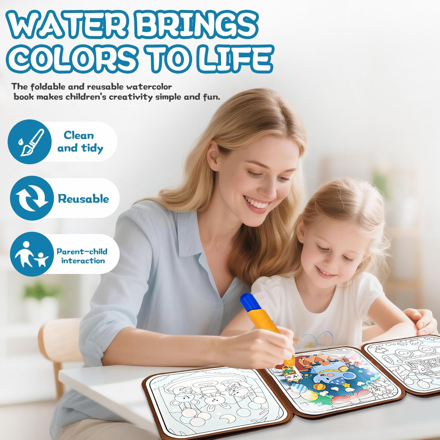 NaTuGi Reusable Magic Water Painting Books for Kids，Coloring Books for Toddler，3 Themes，No Mess Paint Coloring，for Ages 3+，Gift for Boys & Girls Travel Activity Toys (3 Books)