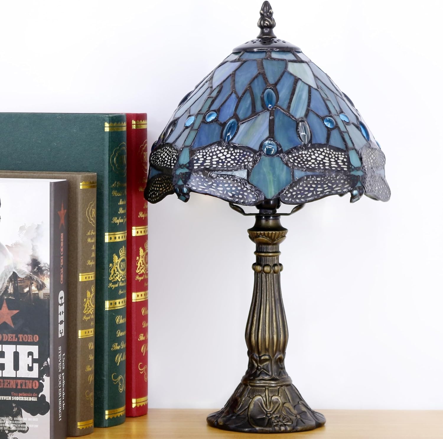Small Tiffany Lamp Stained Glass Desk Lamp Vintage Tiffany Bedside Table Lamp for Home Living Room Bedroom Nightstand 8X15 Inch (Yellow Fish Scale Style) (Sea Blue Dragonfly)