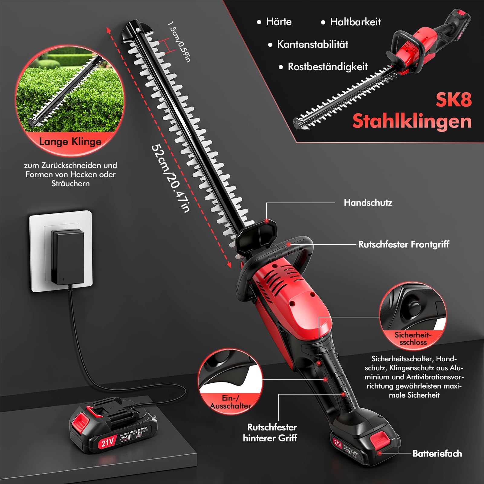 Akku Heckenschere Profi Hecken & Strauchschere, Leicht Akku Heckenschere Elektrisch mit akku und Ladegerät, 50cm Schnittlänge, Schnittstärke 15mm Dual Schnittklingen Verstellbarer Griff