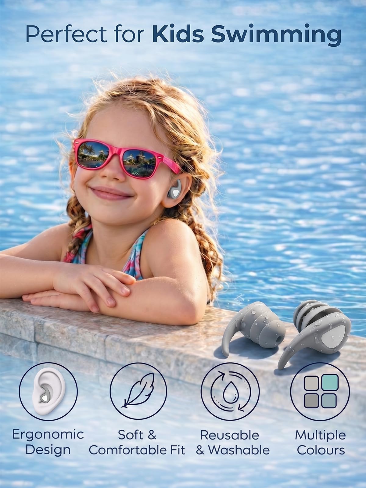 Schwimm-Ohrstöpsel für Kinder, 3 Paar Wasserdichte & Wiederverwendbare Silikon-Ohrstöpsel für Pool, Baden & Wassersport, Ohrenschutz für 3-10 Jahre