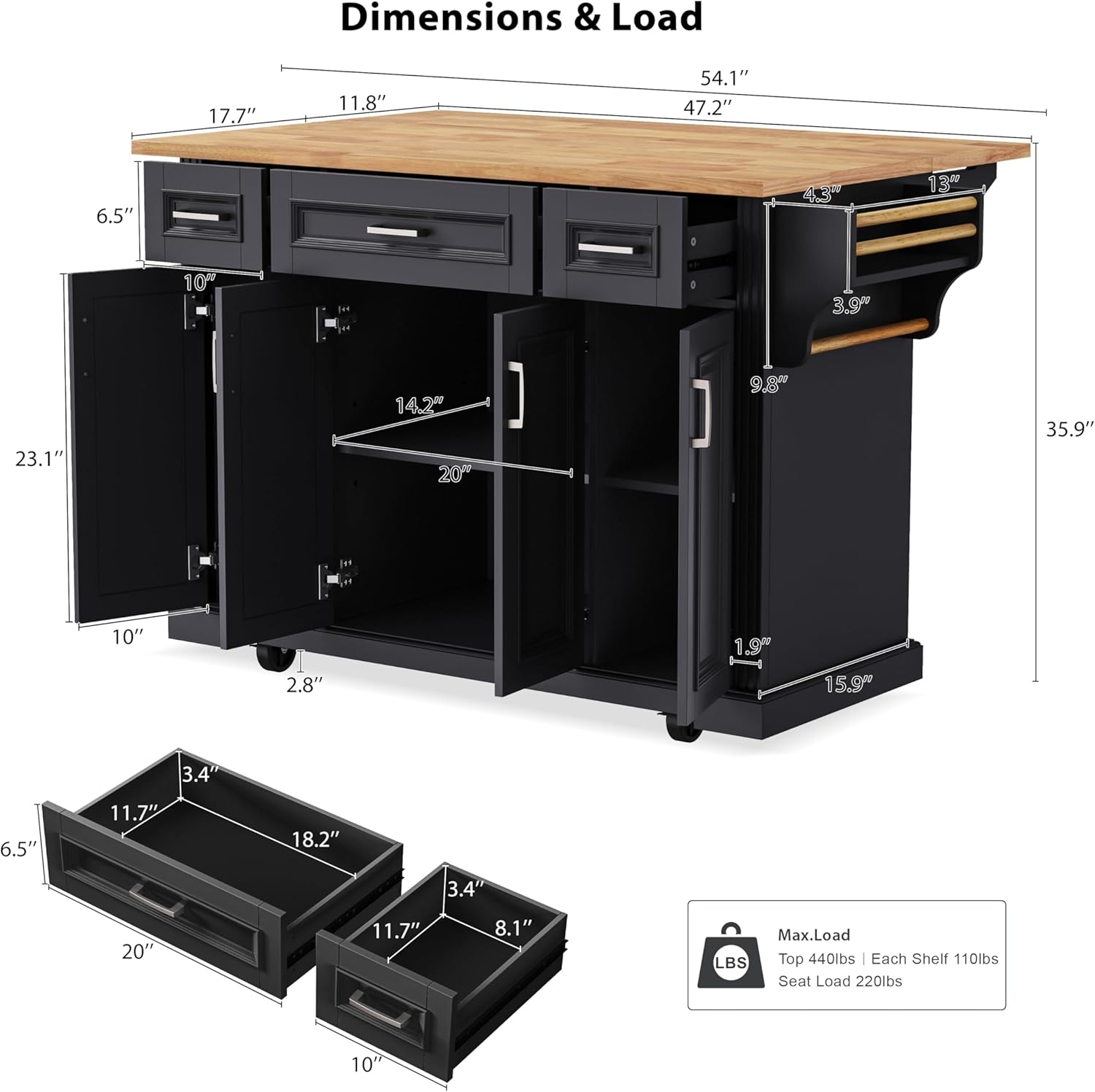 Yayzy Rolling Kitchen Island with 2 Bar Stools, Drop Leaf, 4 Cabinet Doors, 3 Drawers & Side Storage Racks, Mobile Kitchen Cart with Rubberwood Top & Locking Wheels, 54-Inch, Black
