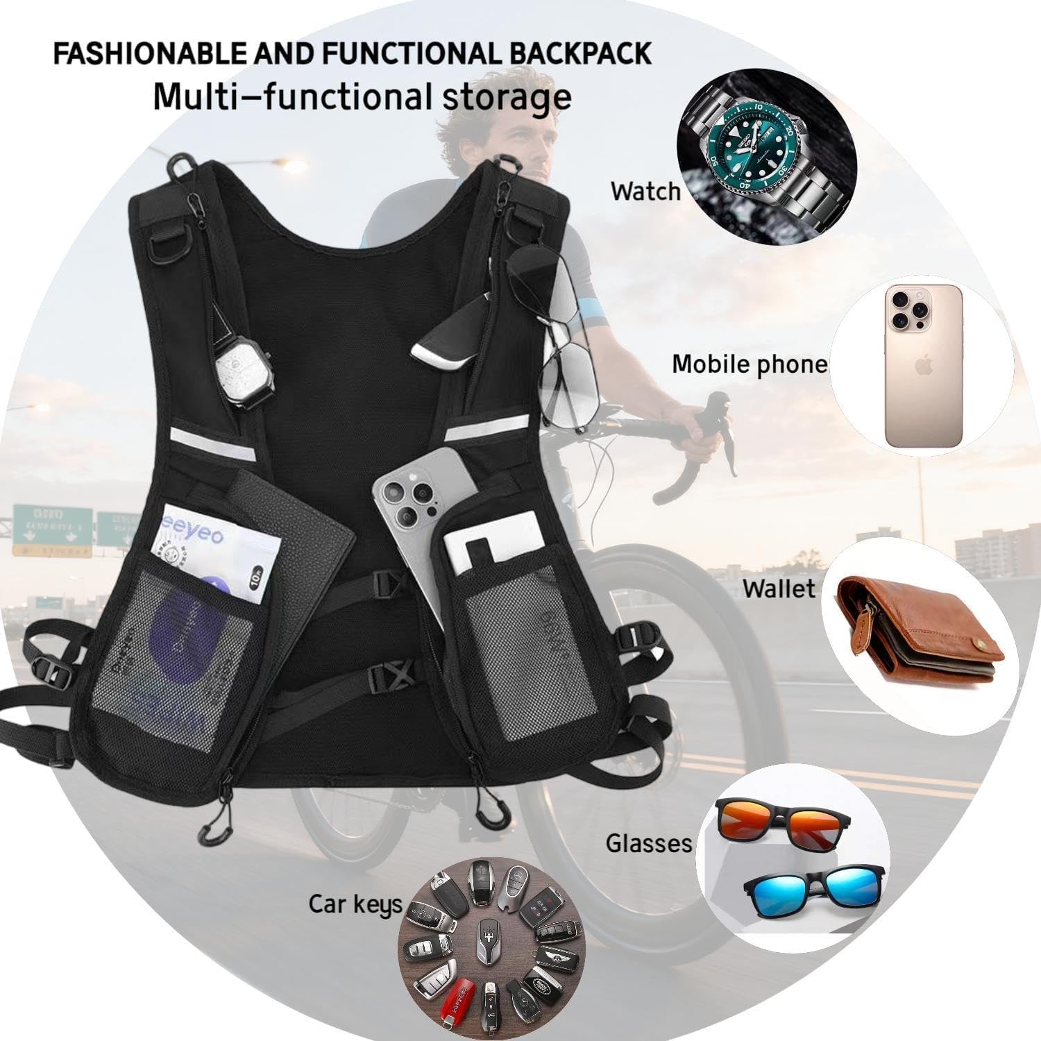 Reflective Breathable Running Cargo Vest, Multi‑Pocket for Men Women, Black