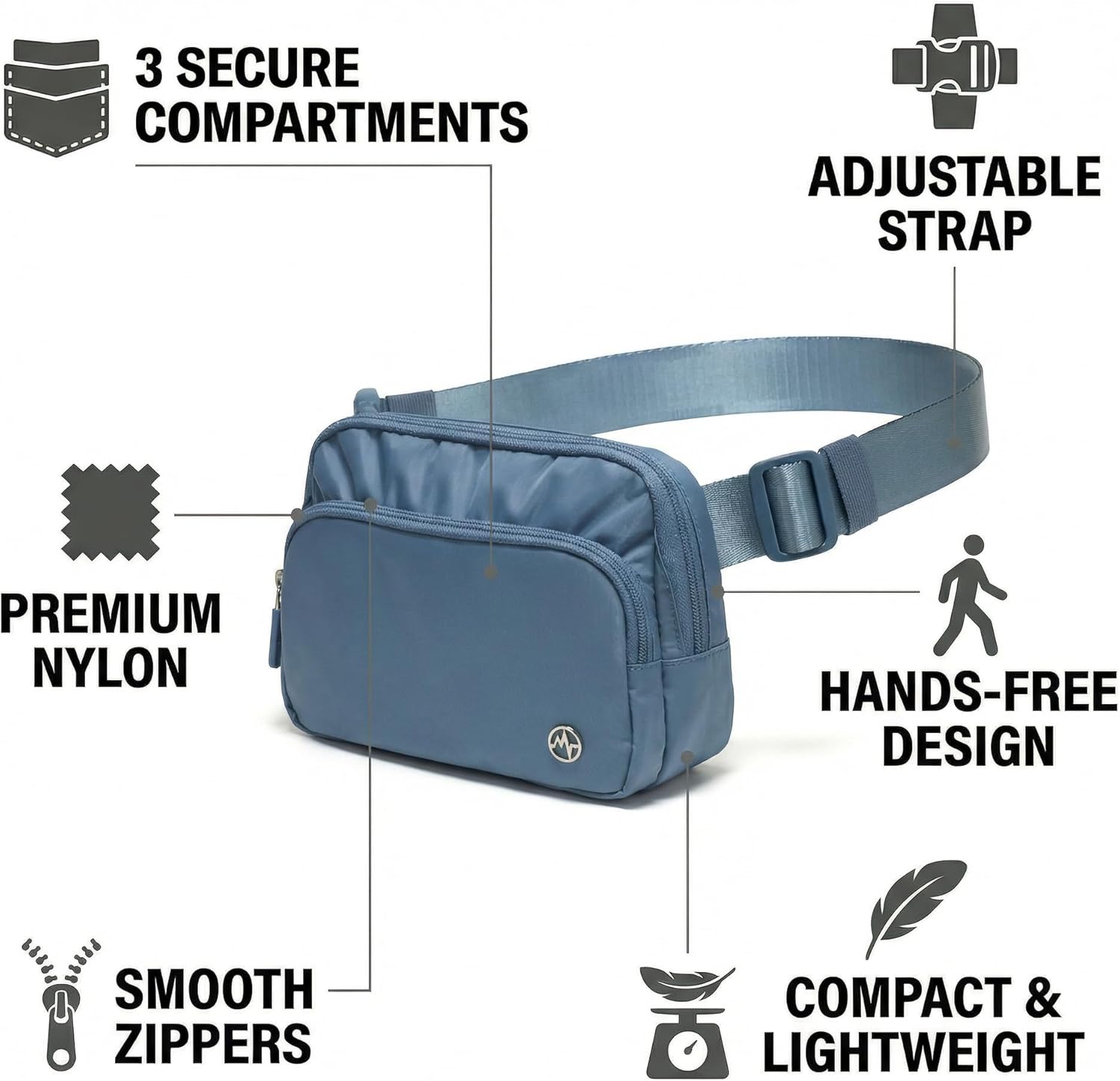 Pander Nylon Crossbody Belt Bag with Excess Strap Keepers, 6-Pocket Adjustable Sling Fanny Pack for Travel and Everyday Carry, Blue