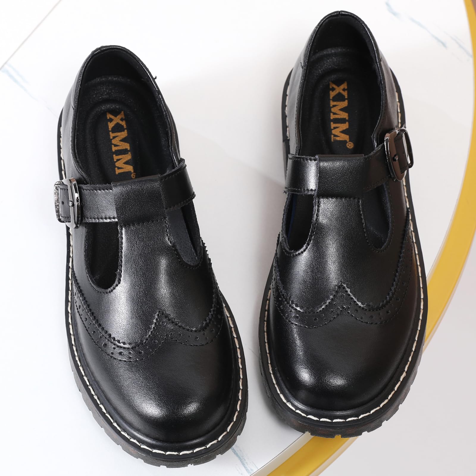 XMM Mary Jane Shoes Women Oxford Shoes Leather Round Toe Flats Non-Slip Ankle Buckle Strap Comfort Casual Dressy Cosplay Party School Work Shoes: 8.5 257 Black