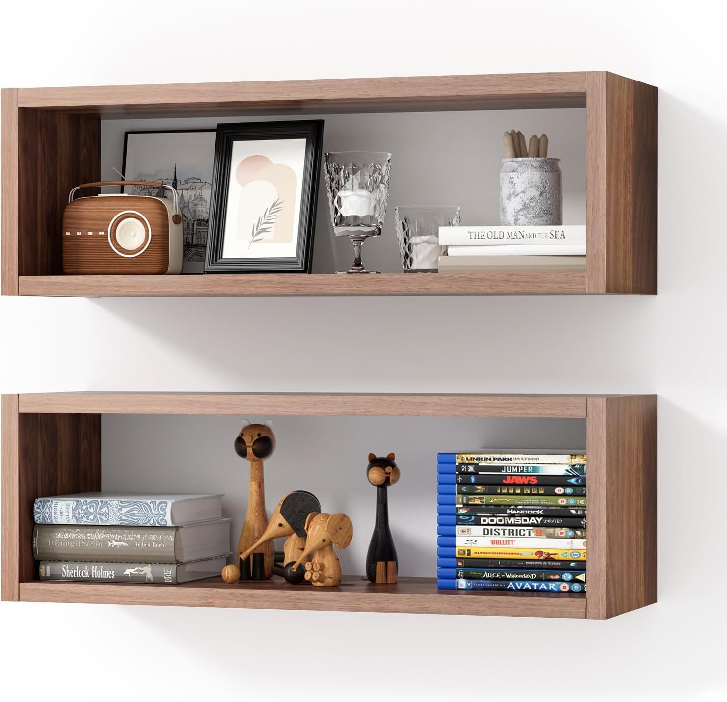 24in Floating Cube Shelves Set of 2 Dark Walnut Wooden Wall Mounted Rectangle Shelves for Storage and Display in Kitchen Living Room Bedroom or Office-image-29