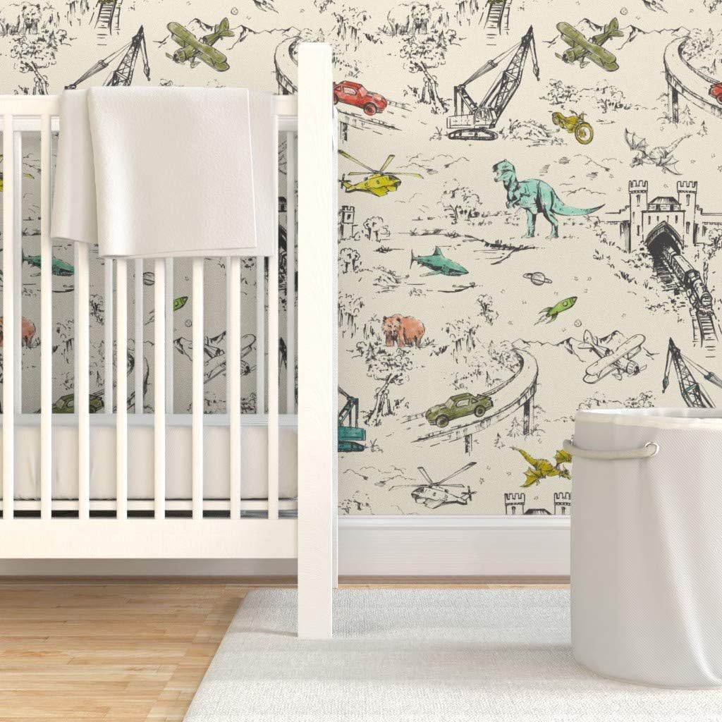 Peel & Stick Wallpaper Swatch - Kids Adventure Dinosaur Helicopter Train Construction Dragon Toile Custom Removable Wallpaper by Spoonflower
