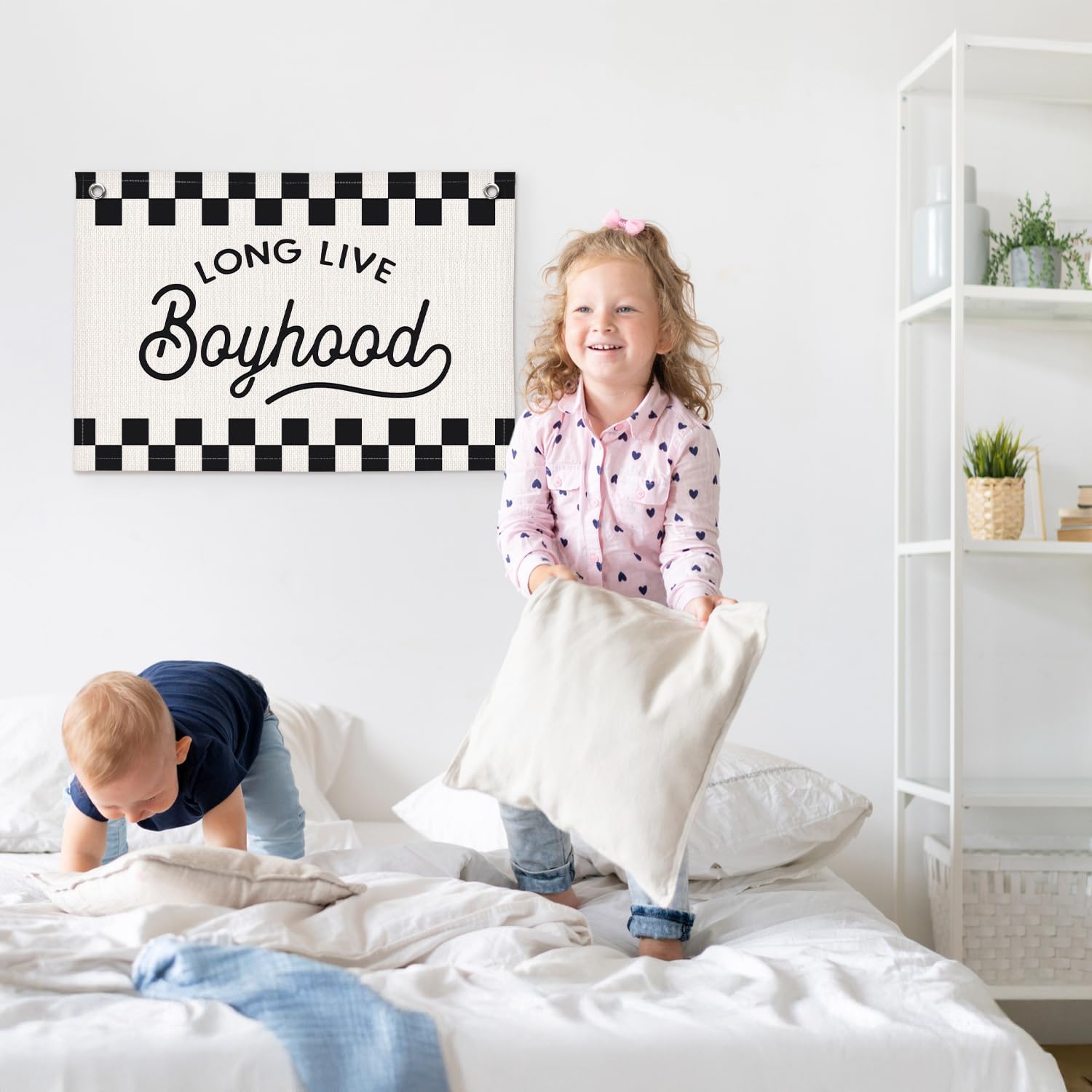 Long Live Boyhood Black and White Checkered Boys Room Decor - Cars Room Decor Linen Banner Wall Hanging Canvas Banner Flag Decor for Toddler Boy Bedroom Nursery Playroom Birthday Party