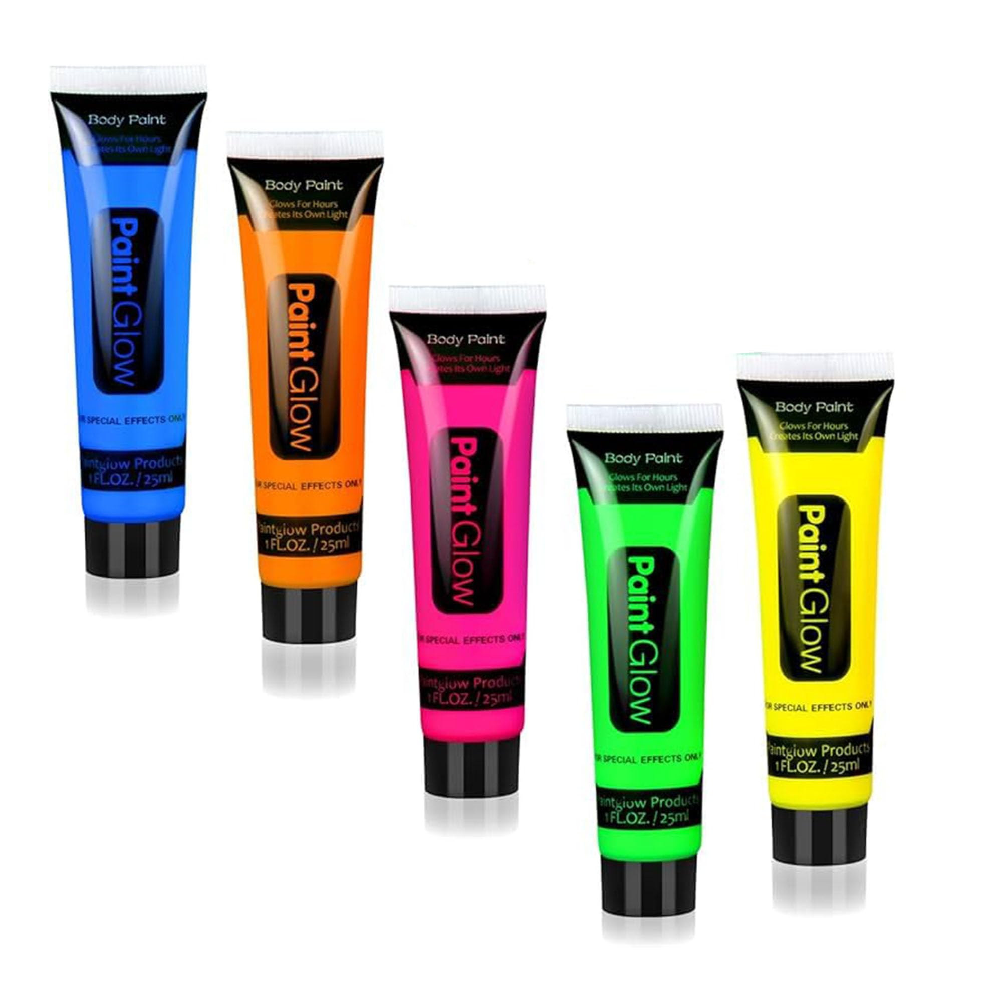 Glow in The Dark BodyPaint Neon Fluorescent,25 ml Each Tube, Colour Paint Set of 5