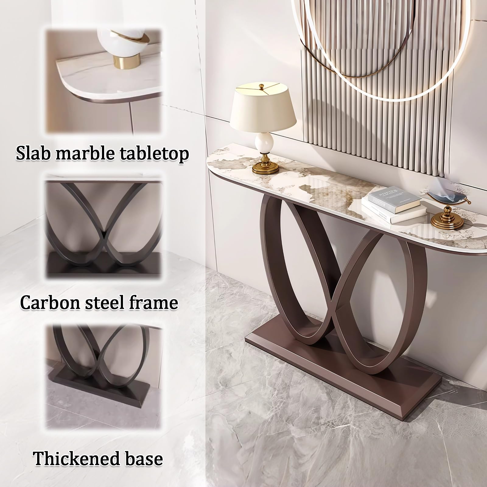 Consolle, Tavolino d'ingresso stretto effetto marmo con base geometrica in metallo, Tavolini d'appoggio contemporanei, Base decorativa creativa in acciaio al carbonio (Nero+Bianco, 120 cm/47,2")