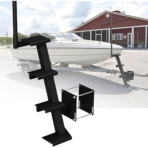 Heavy Duty 4-Step Boat Trailer Steps with Handrail, Anti-Slip Steel Ladder for Tongue Mount, 450 lb Load, Fits Bass Boat and Pontoon Trailers