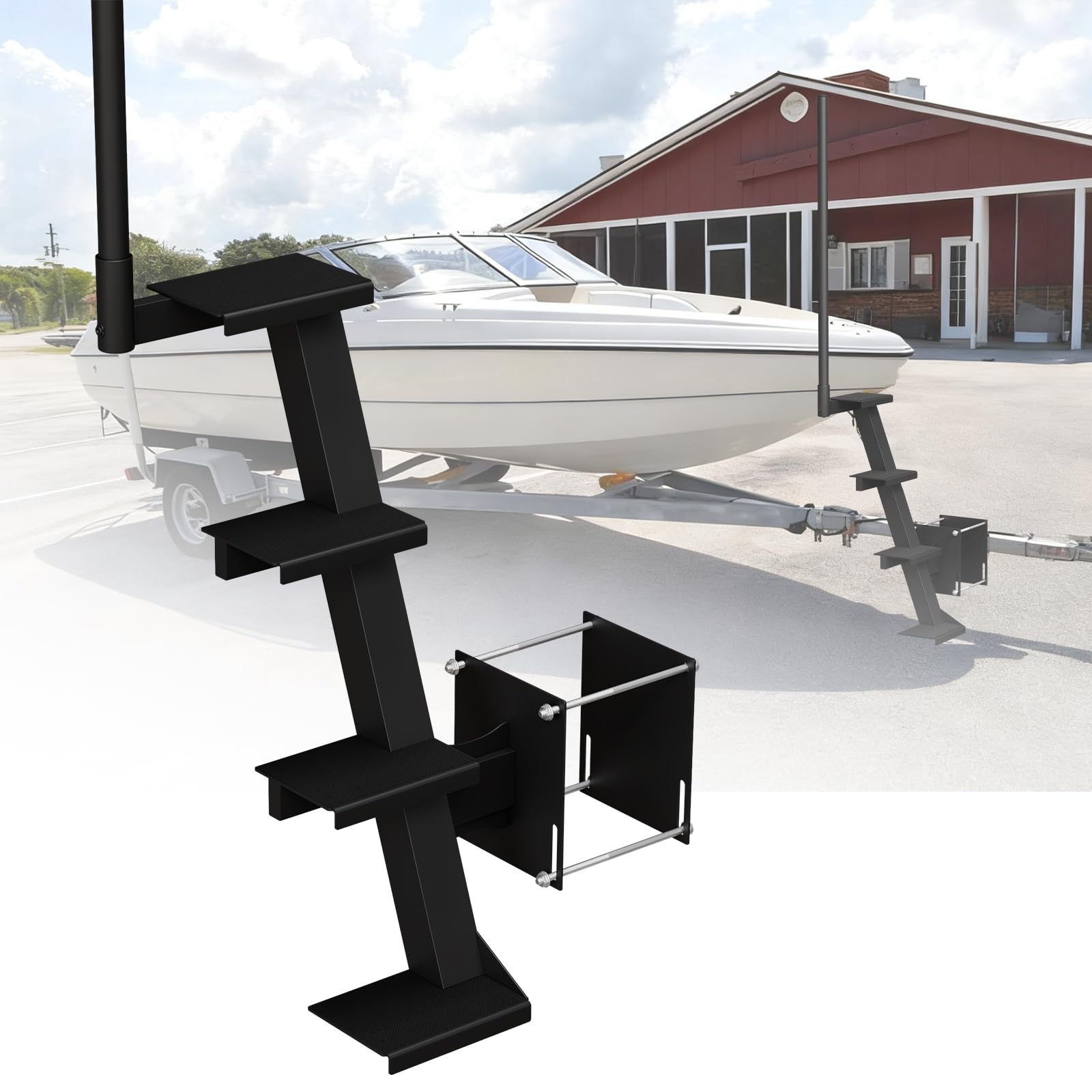 Heavy Duty 4-Step Boat Trailer Steps with Handrail, Anti-Slip Steel Ladder for Tongue Mount, 450 lb Load, Fits Bass Boat and Pontoon Trailers
