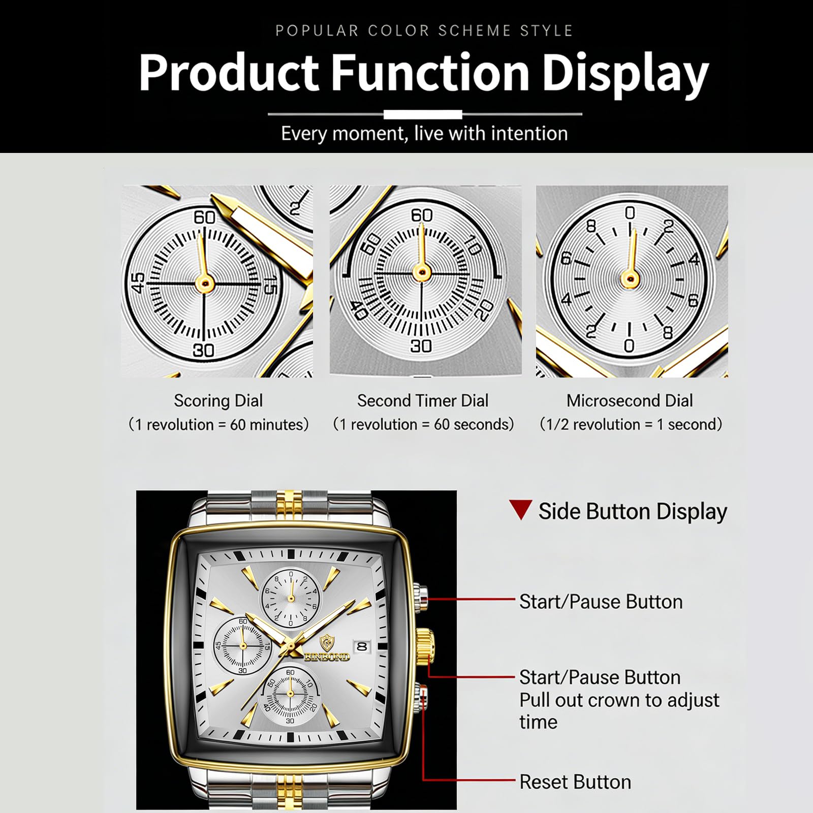 OIDEA Montre carrée élégante pour homme : date chronographe analogique à quartz multifonction argenté doré classique business cadran blanc bracelet en acier inoxydable montre cadeau pour homme