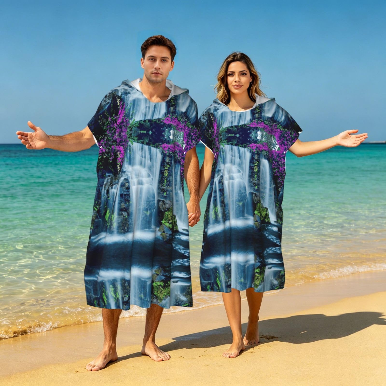 Strandtuch mit Kapuze und Wasserfall- und Blumendruck, Poncho für Erwachsene, Mikrofaser, Umkleidemantel, Bademantel, Sommer, Strandtuch