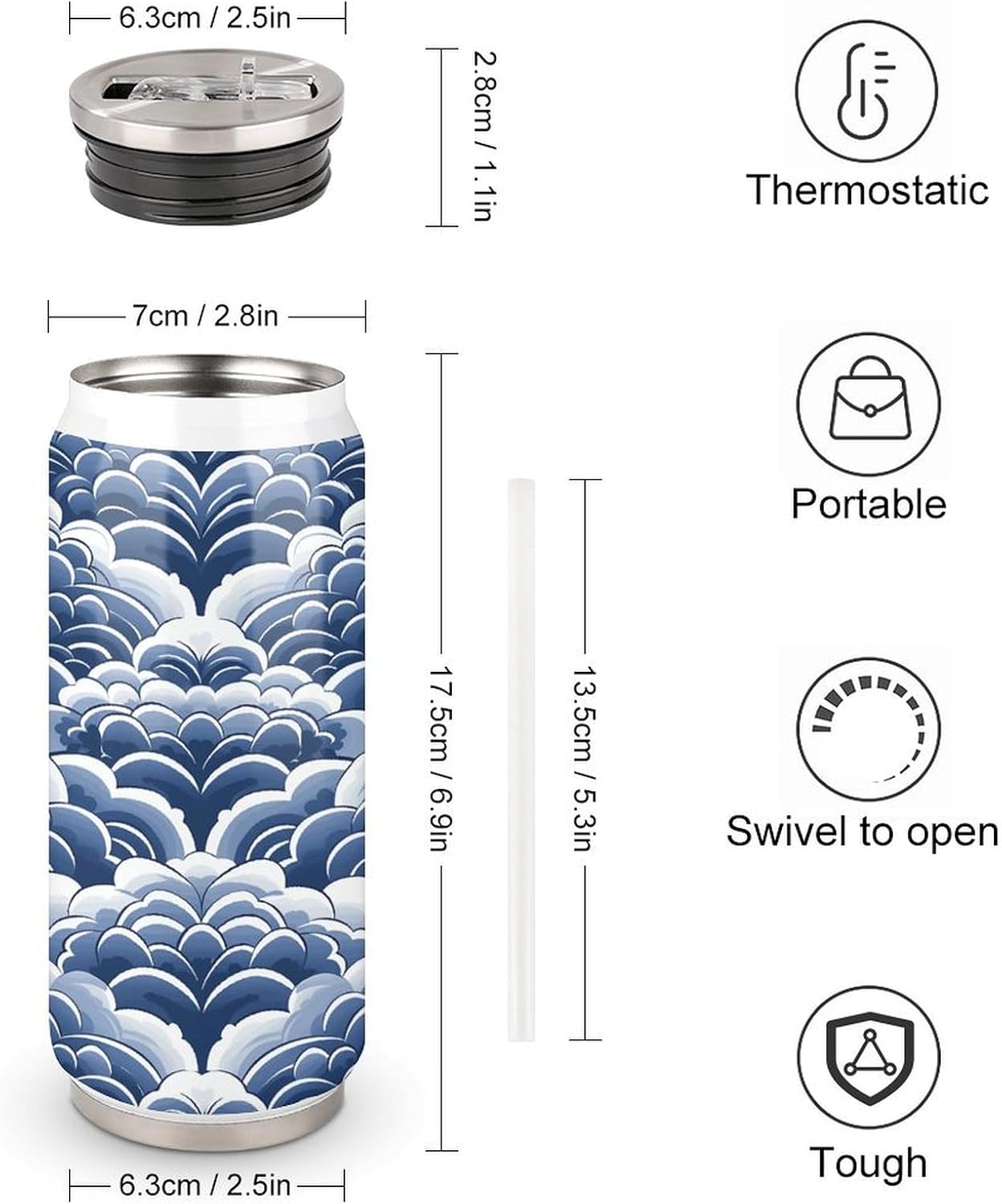 Stainless Steel Cups Blue And White Printed Coke Cup Stainless Steel Insulated Cups with Lid And Straw