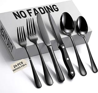 24 PCS NO-FADING Black Silverware Set with Steak Knives, Flatware for 4