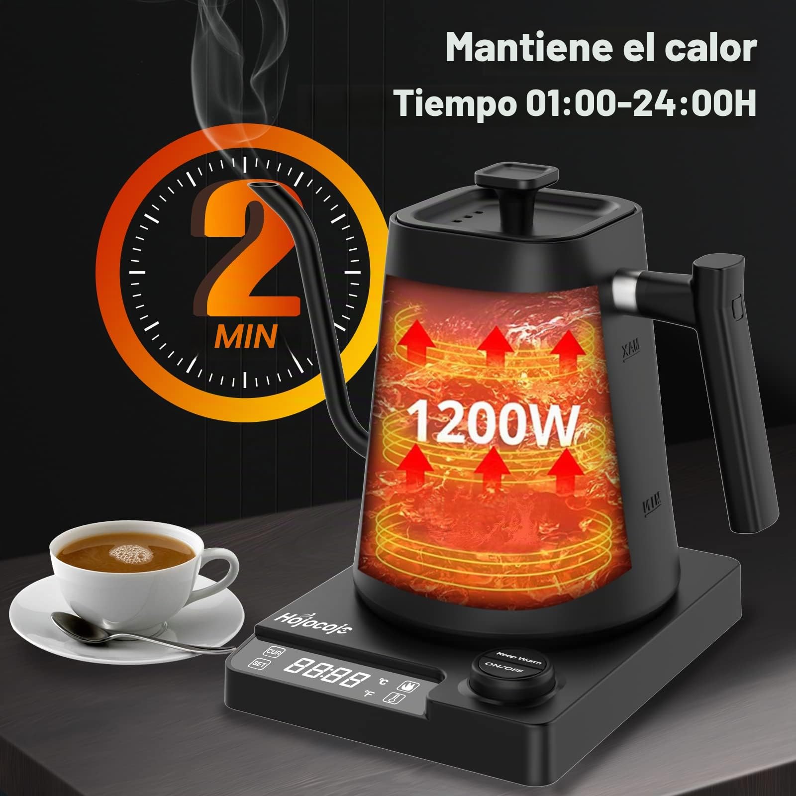 Hervidor Agua Eléctrico,Tetera Gooseneck,Pour Over Kettle & Coffee Kettle,100% Acero Inoxidable,Calentamiento Rápido de 1200W,1 Litro, Negro