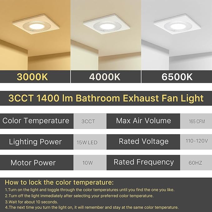 Extractores para Baños con Luz LED, 165 CFM, 1.2 Sones, 110 V, Blanco Perla, para Baño, Cocina y Garaje miniatura 5