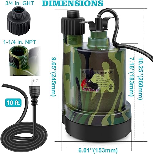 Miniatura 4 de TIGEROAR Bomba sumergible de agua de 120 V 14 HP 1800 gph, bomba de transferencia de agua sumergible con cable de 10 pies y adaptador de manguera